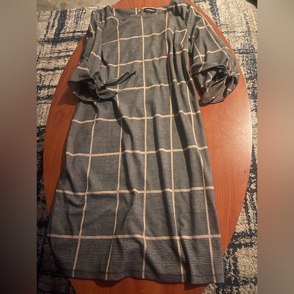 Liz Claiborne Gray Windowpane Midi Dress with Cream Grid